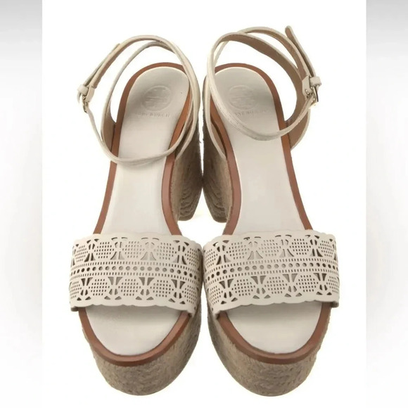 Tory Burch White Roselle Leather Lasercut Accents Platform Women's Espadrilles s - Picture 3 of 5